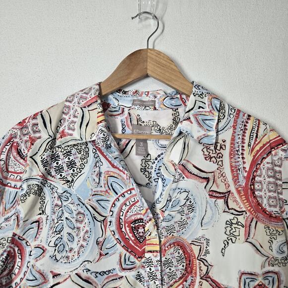Chico's Lorena Top sz 3 (XL) White Multi Cotton Button Down Wrinkle Resistant - Picture 2 of 12